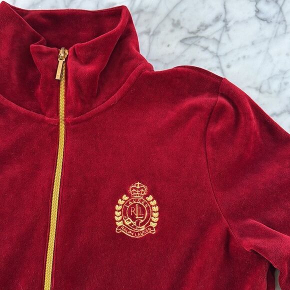 Lauren Ralph Lauren Velour Crest Track Jacket Size Large Full Zip Deep Red Gold - Picture 2 of 7